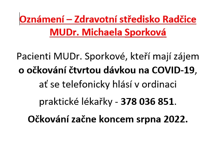 Oznámení - Zdravotní středisko Plzeň-Radčice - očkování 4. dávkou na COVID-19
