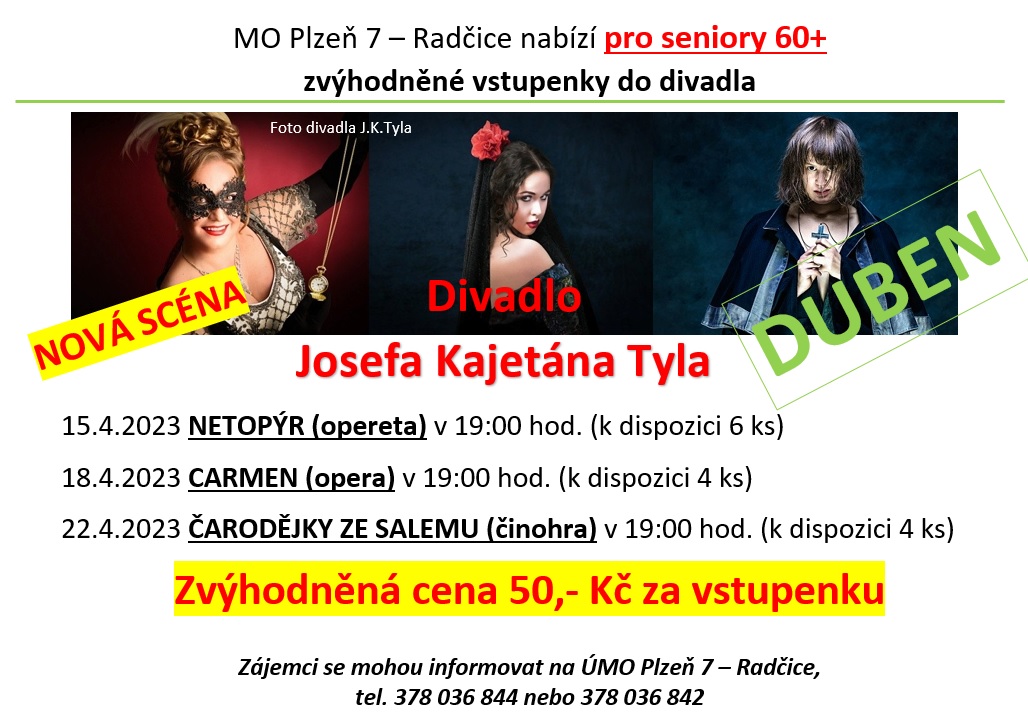 Nabídka zvýhodněných vstupenek pro seniory do Divadla Josefa Kajetána Tyla v Plzni na duben 2023