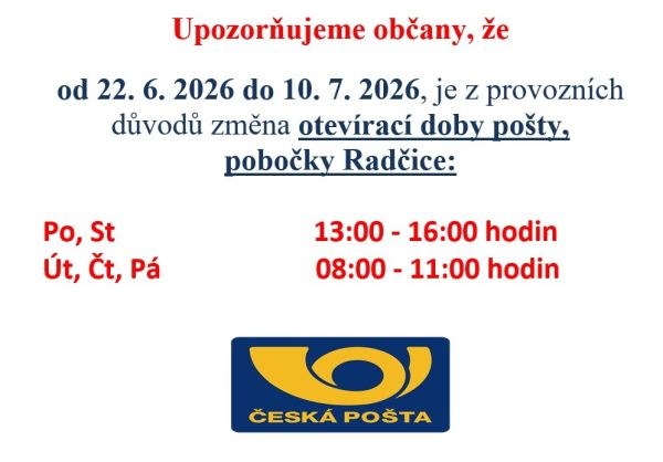 Pošta - změna otevírací doby