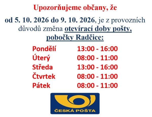 Pošta - změna otevírací doby