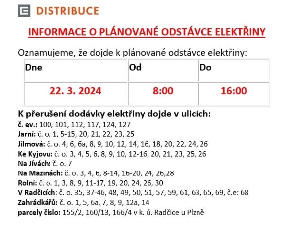 Přerušení elektřiny 22.3.