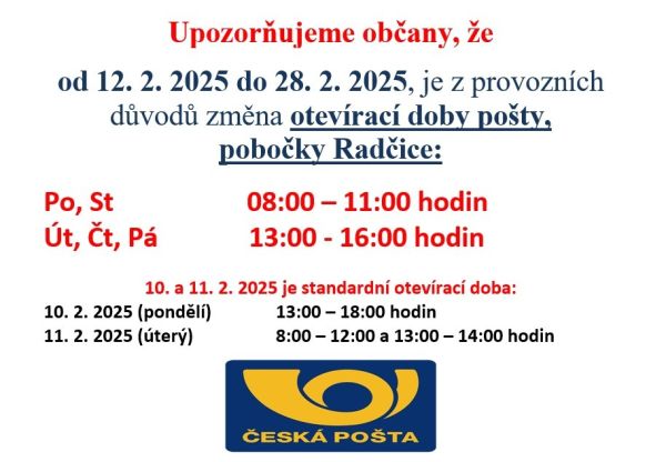 Změna otevírací doby pošta