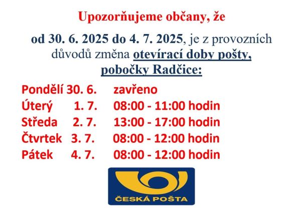 Změna otevírací doby - pošta
