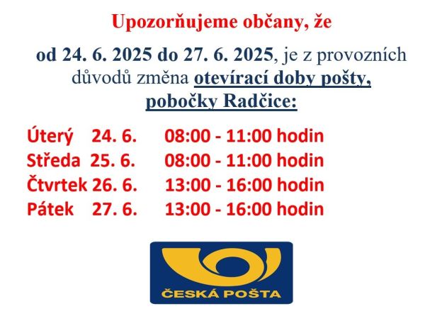 Změna otevírací doby pošty