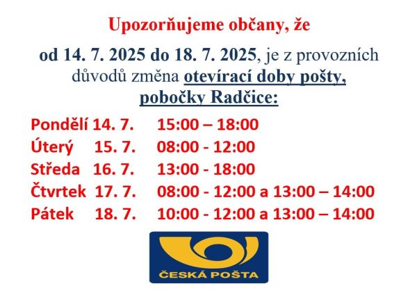 Změna otevírací doby pošty