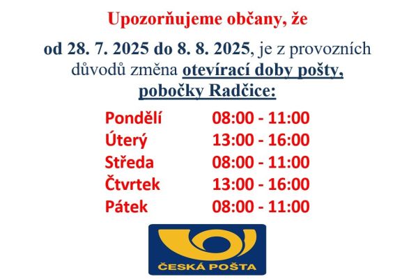Změna otevírací doby pošty
