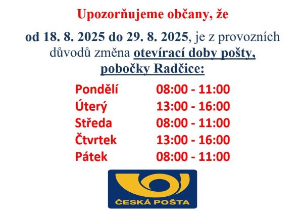 Změna otevírací doby pošty