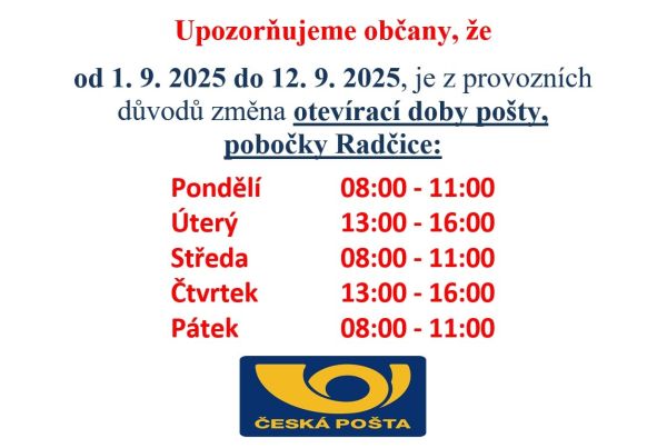 Změna otevírací doby pošty