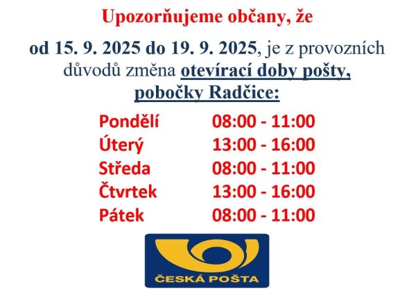Změna otevírací doby pošty
