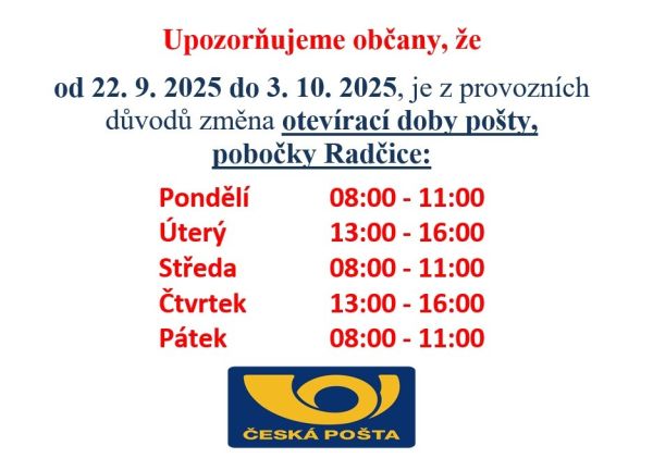 Změna otevírací doby pošty